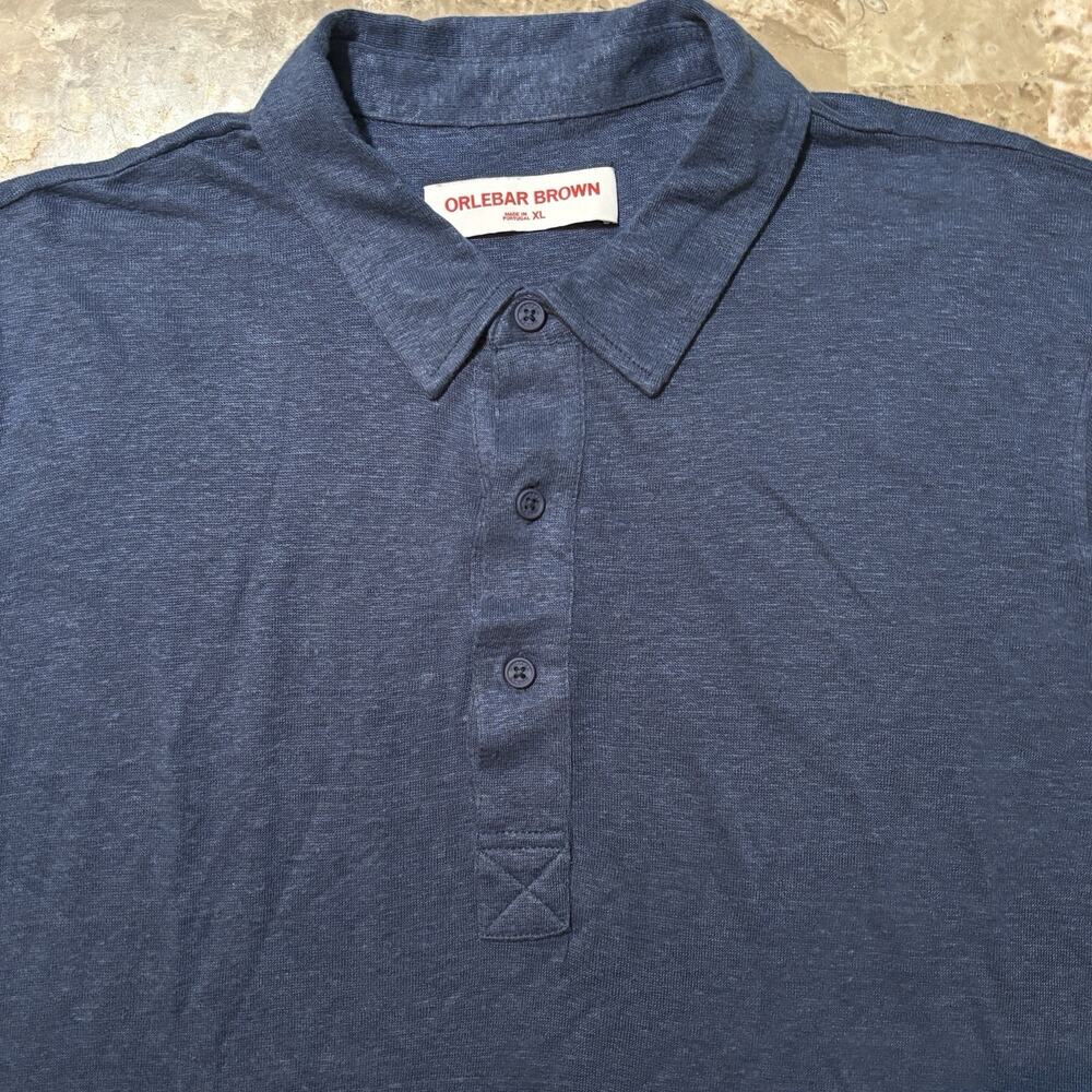 Orlebar Brown Polo Shirt Mens XL Blue Sebastian Linen Short Sleeve Beach Resort